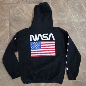 Buzz Aldrin PacSun NASA Hoodie Mens‎ Large Black American Flag Stars Pullover